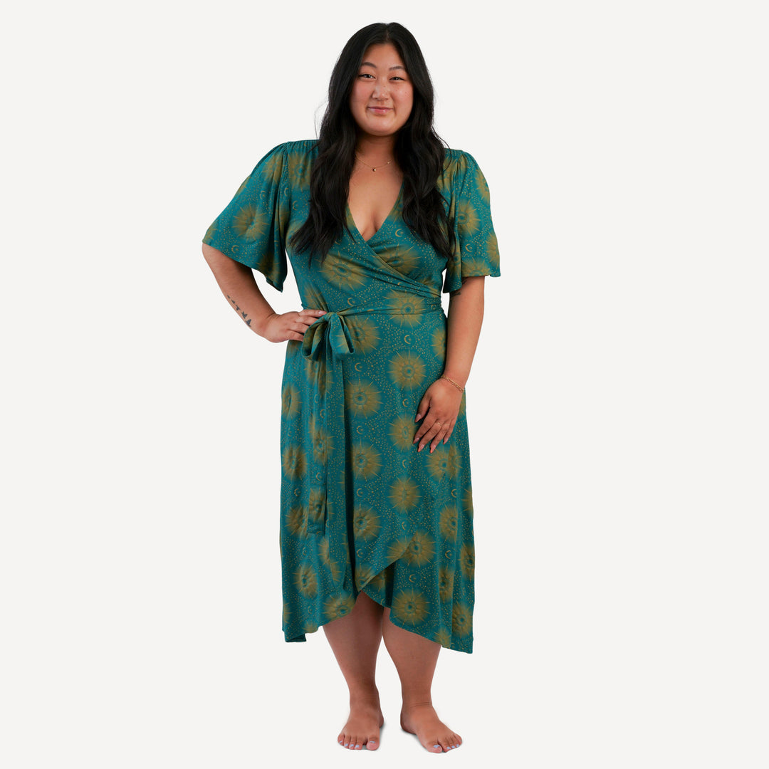 womens midi flutter sleeve wrap dress | eye in the sky | bamboo