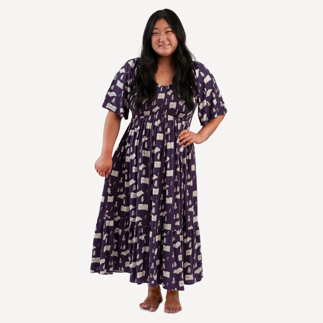womens flutter sleeve smocked midi dress | potions + spells | organic cotton interlock