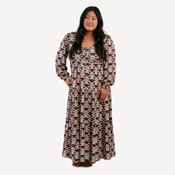 womens long sleeve henley prairie dress | dark butterfly night | organic cotton interlock