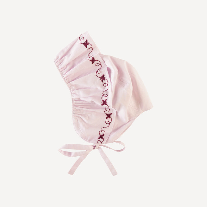 big embroidered ruffle bonnet | orchid ice | organic cotton woven