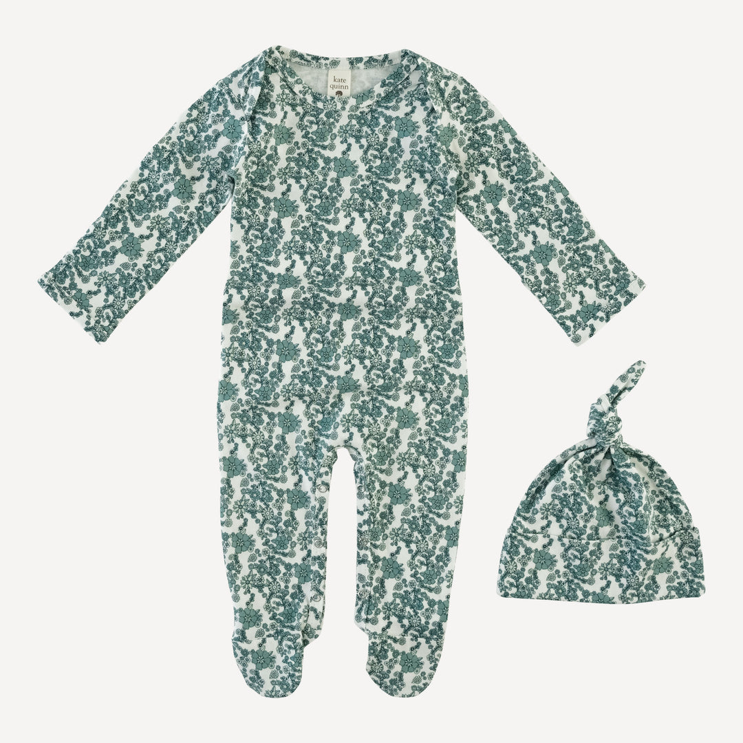 long sleeve lap neck footie + knot hat set | jade ditsy floral | organic cotton jersey
