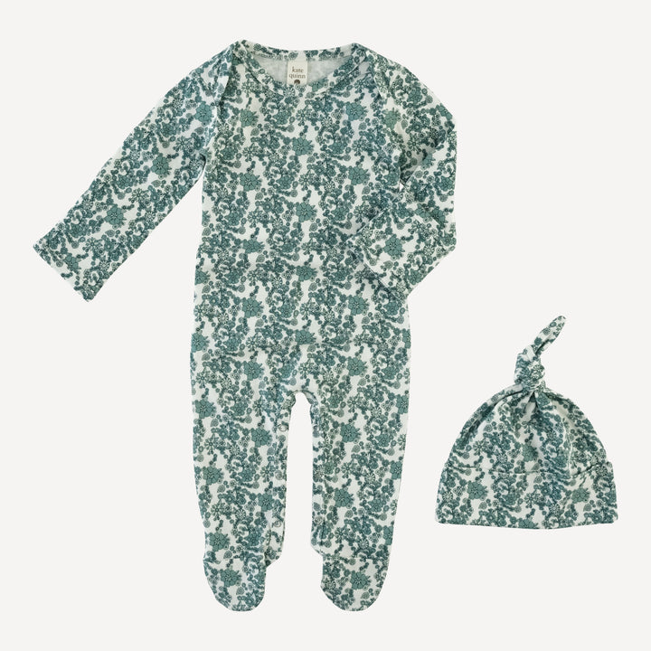long sleeve lap neck footie + knot hat set | jade ditsy floral | organic cotton jersey