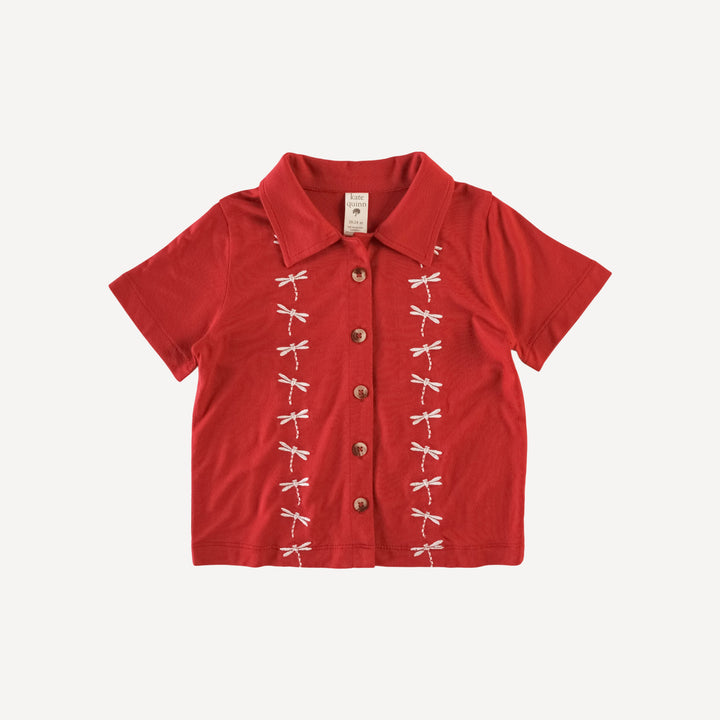 short sleeve embroidered shirt | scarlet | bamboo