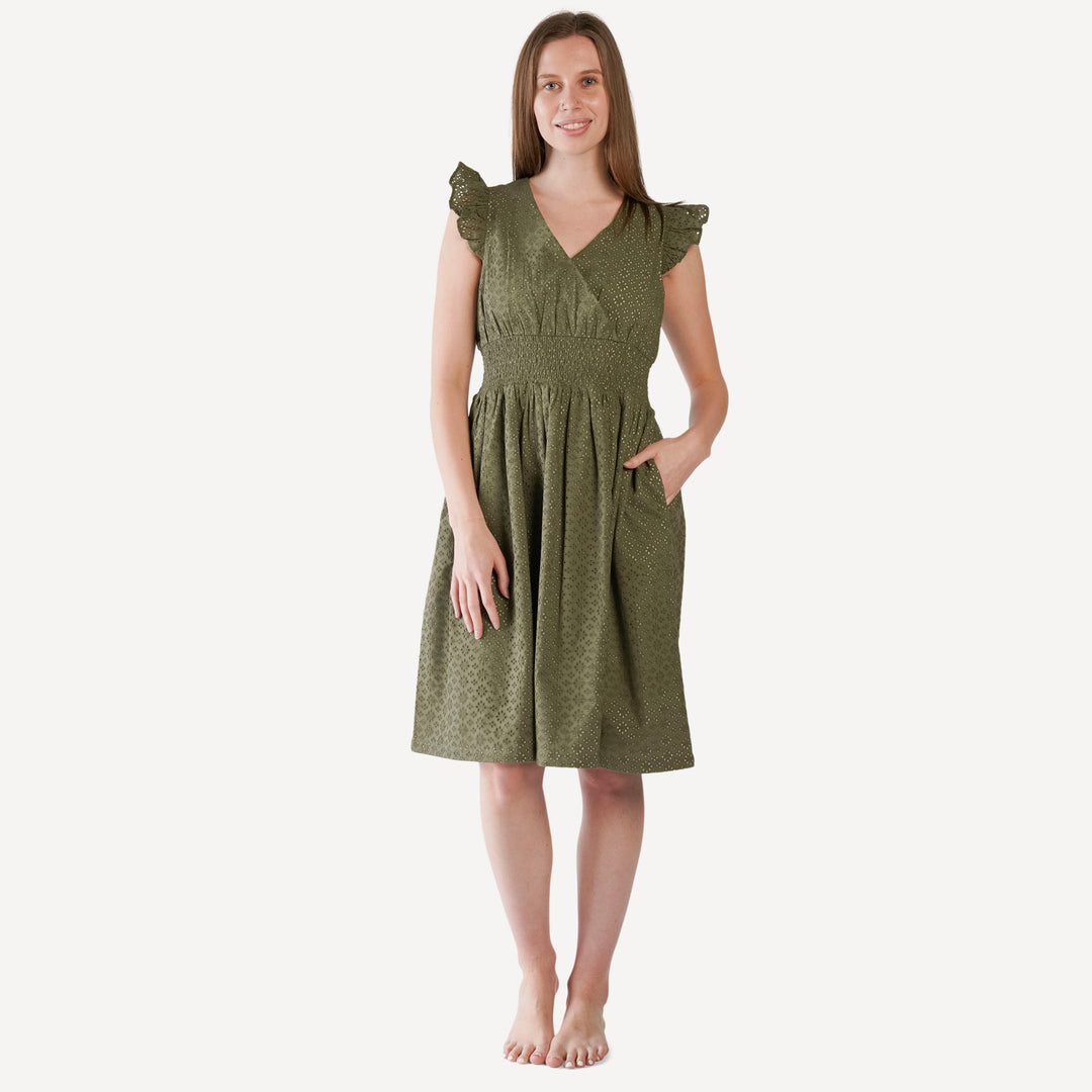 womens flutter sleeve v-neck dress | deep moss | organic cotton woven eyelet