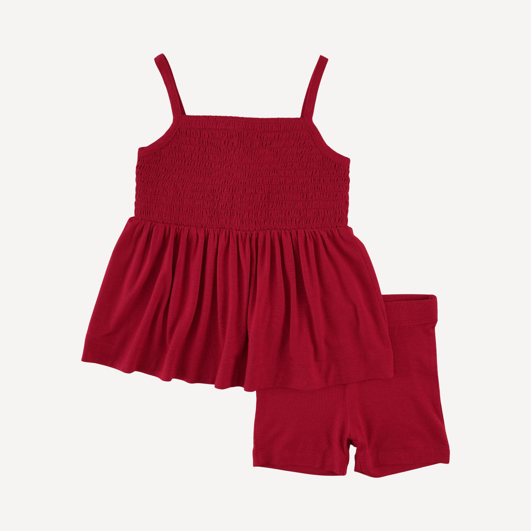 spaghetti strap smocked top + bike short set | scarlet sage | bamboo