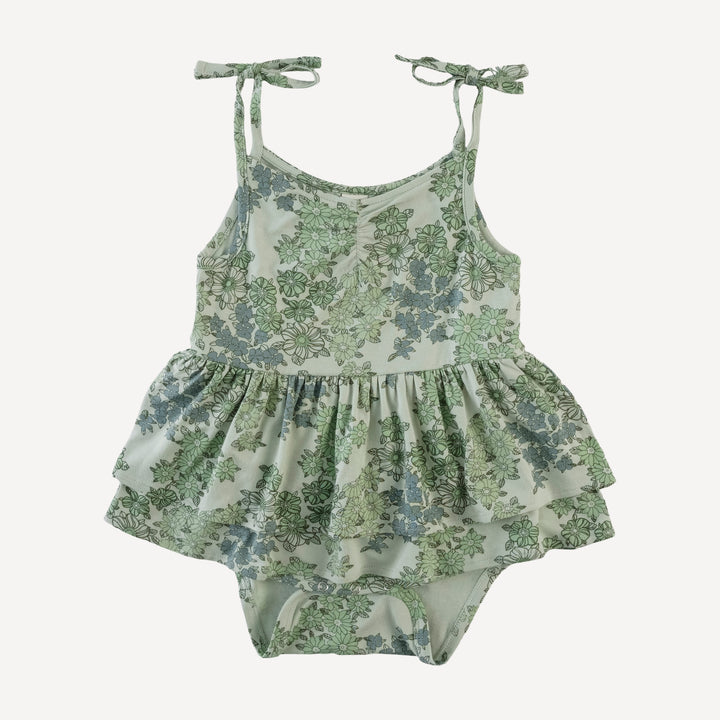 spaghetti tie ruched double skirted bodysuit | jade wildflower | bamboo