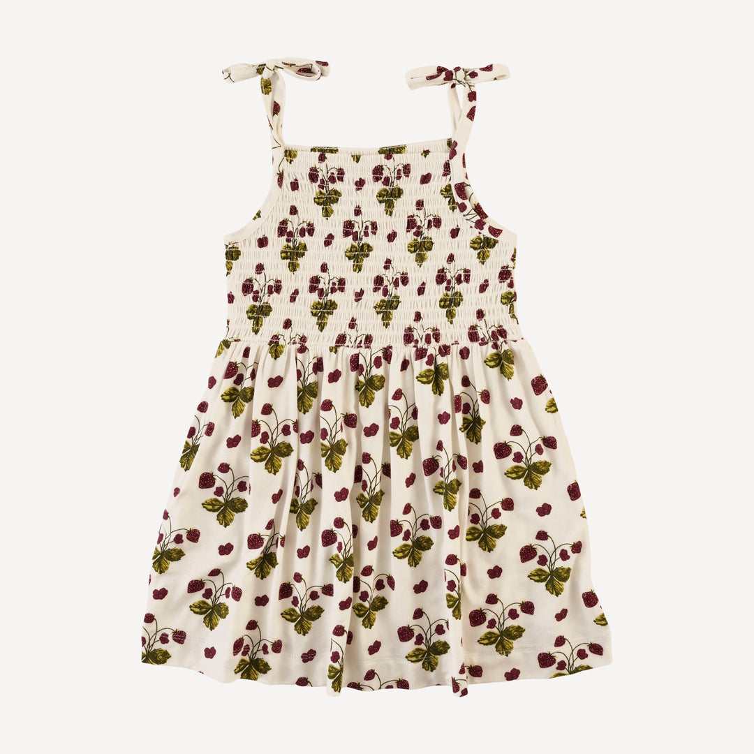 spaghetti smocked tie dress | dainty strawberries | bamboo