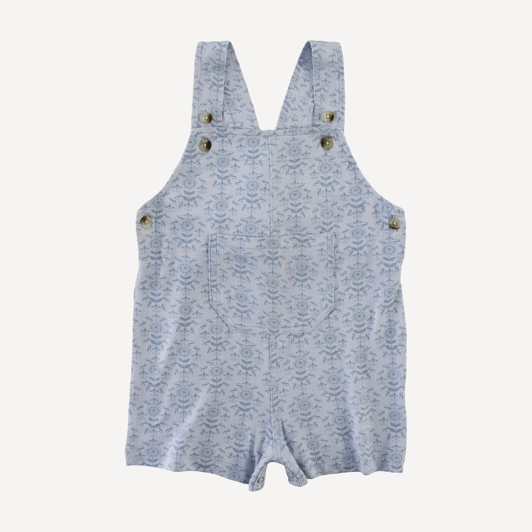patch pocket overall shortie | cornflower folk wallpaper | bamboo