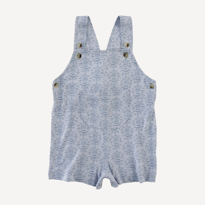 patch pocket overall shortie | cornflower folk wallpaper | bamboo