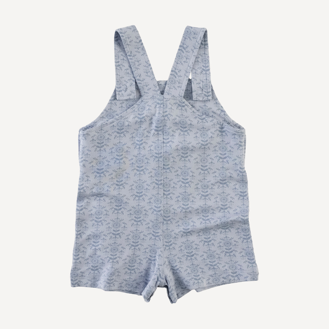 patch pocket overall shortie | cornflower folk wallpaper | bamboo