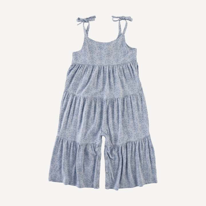 spaghetti tie prairie gaucho jumpsuit | cornflower folk wallpaper | bamboo