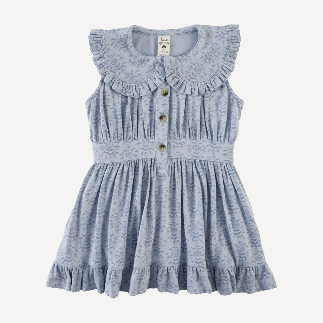 sleeveless ruffle peter pan dress | cornflower folk wallpaper | bamboo