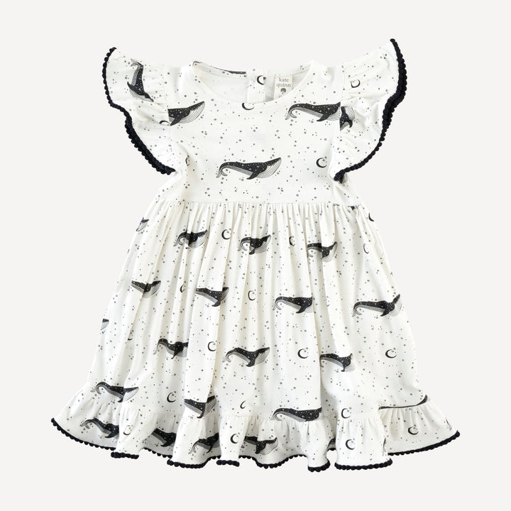 flutter sleeve pom pom pinafore dress | mystical whales | bamboo