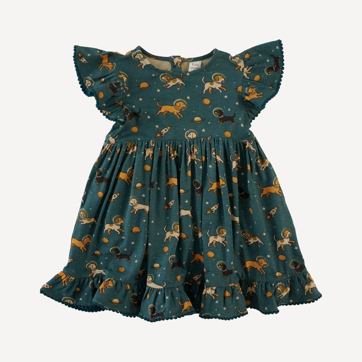 flutter sleeve pom pom pinafore dress | space pups | bamboo