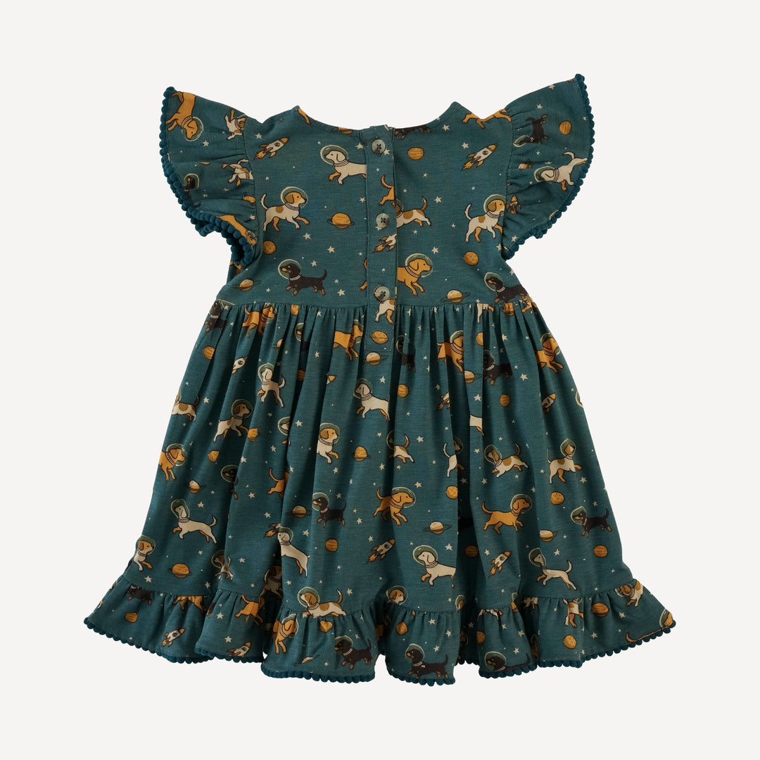 flutter sleeve pom pom pinafore dress | space pups | bamboo