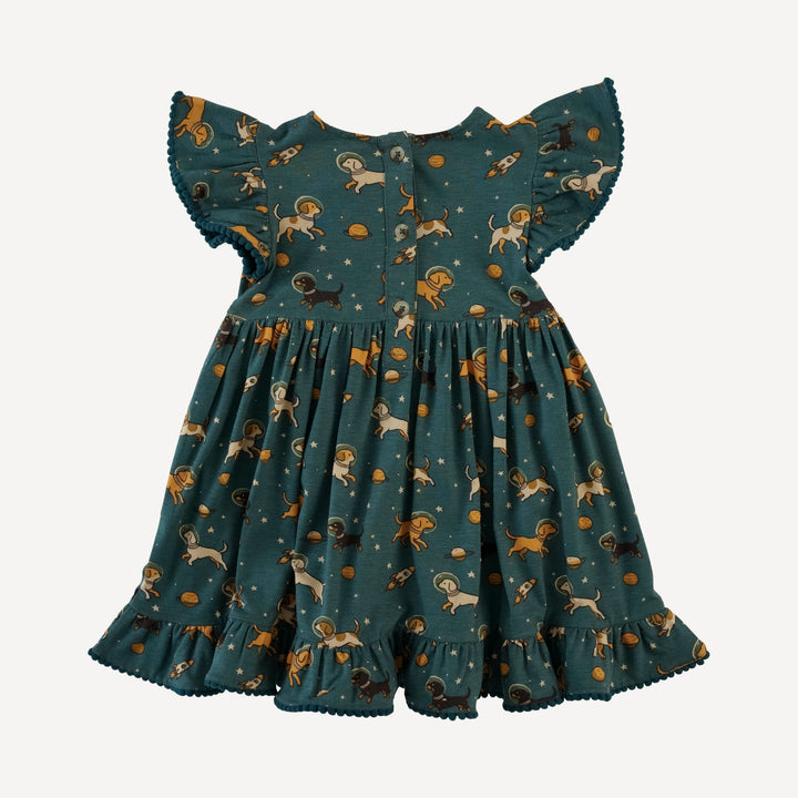 flutter sleeve pom pom pinafore dress | space pups | bamboo