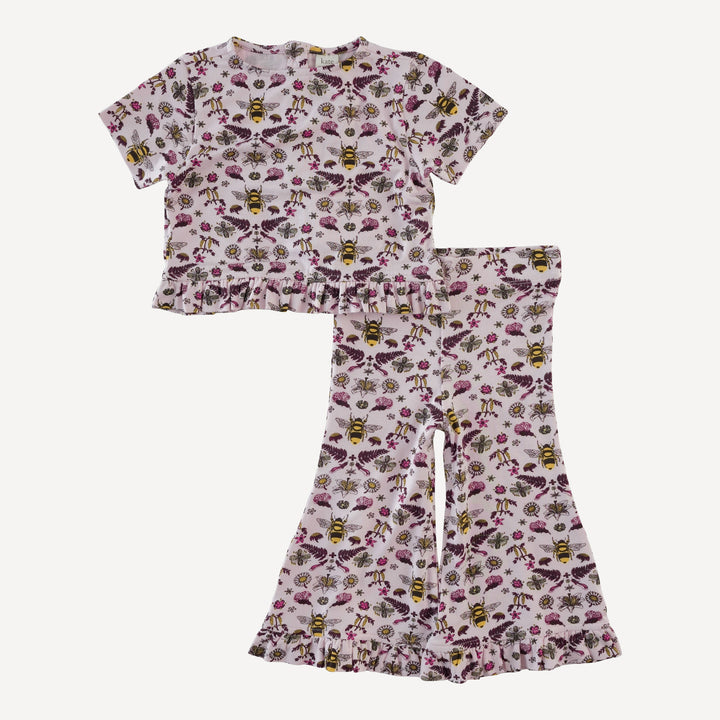 short sleeve cropped ruffle tee + flare set | rose litho bee | bamboo