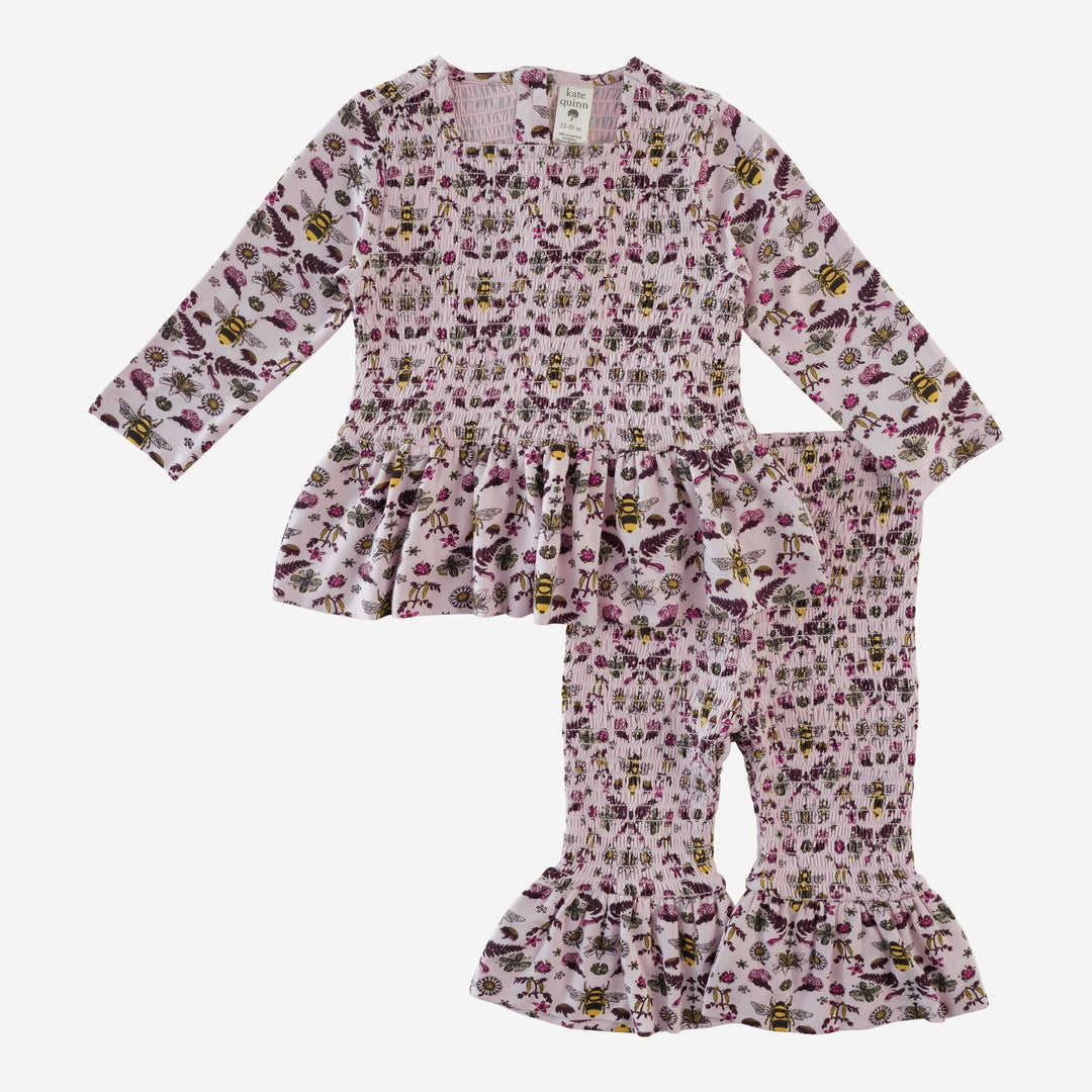 long sleeve smocked ruffle top + pant set | rose litho bee | bamboo