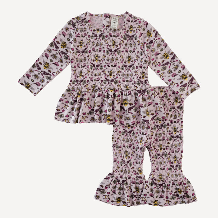 long sleeve smocked ruffle top + pant set | rose litho bee | bamboo