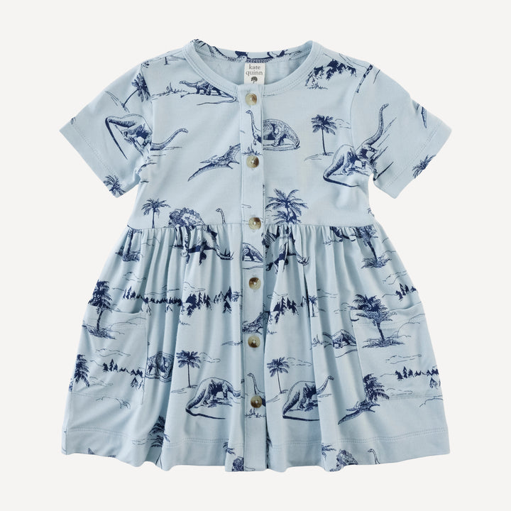 short sleeve button pocket dress | blue dino landscape | bamboo