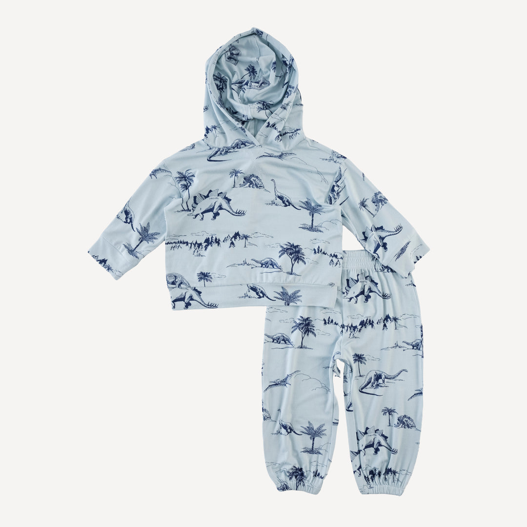 long sleeve hooded cuffed jogger set | blue dino landscape | bamboo