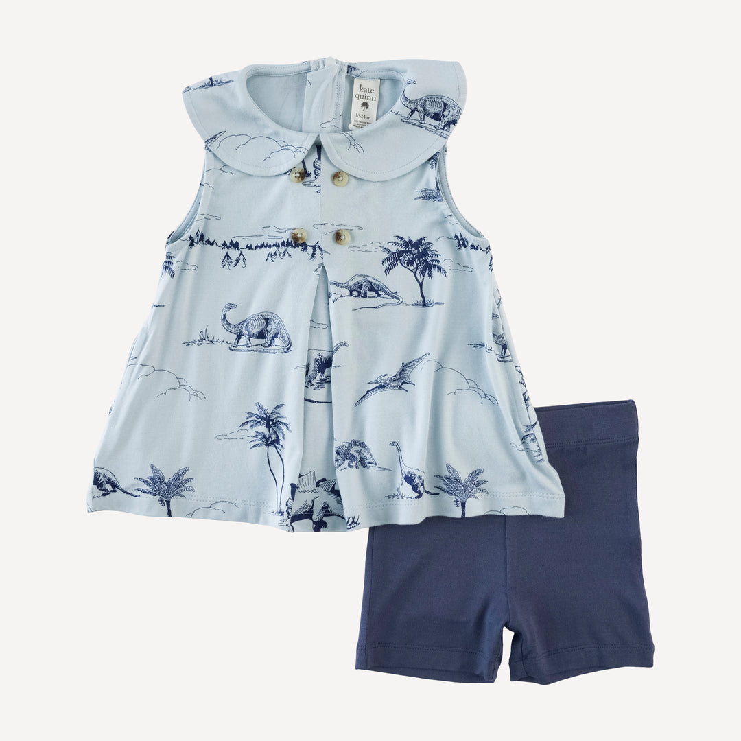 kick pleat peter pan top + bike short set | blue dino landscape | bamboo