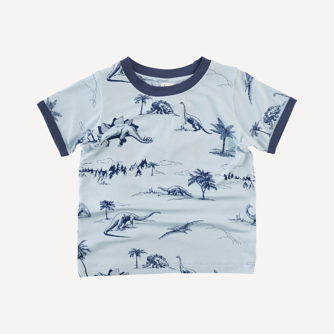 short sleeve ringer tee | blue dino landscape | bamboo