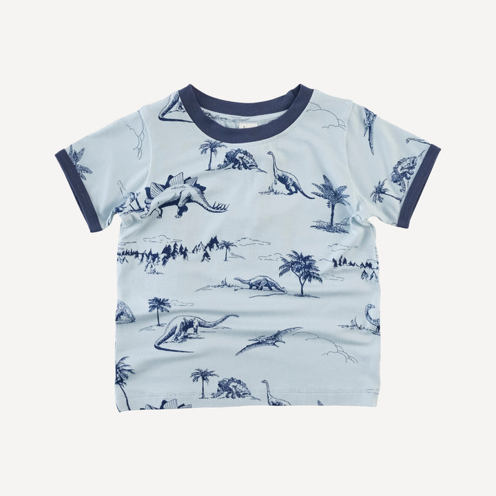 short sleeve ringer tee | blue dino landscape | bamboo