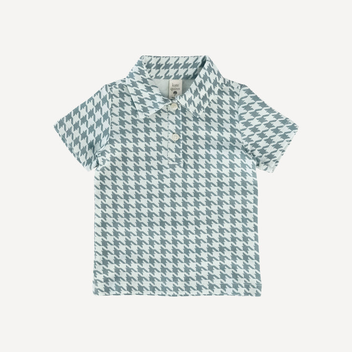 short sleeve polo shirt | bird blue houndstooth | organic cotton interlock