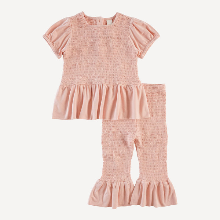 short sleeve smocked ruffle top and pant set | villa pink | modal