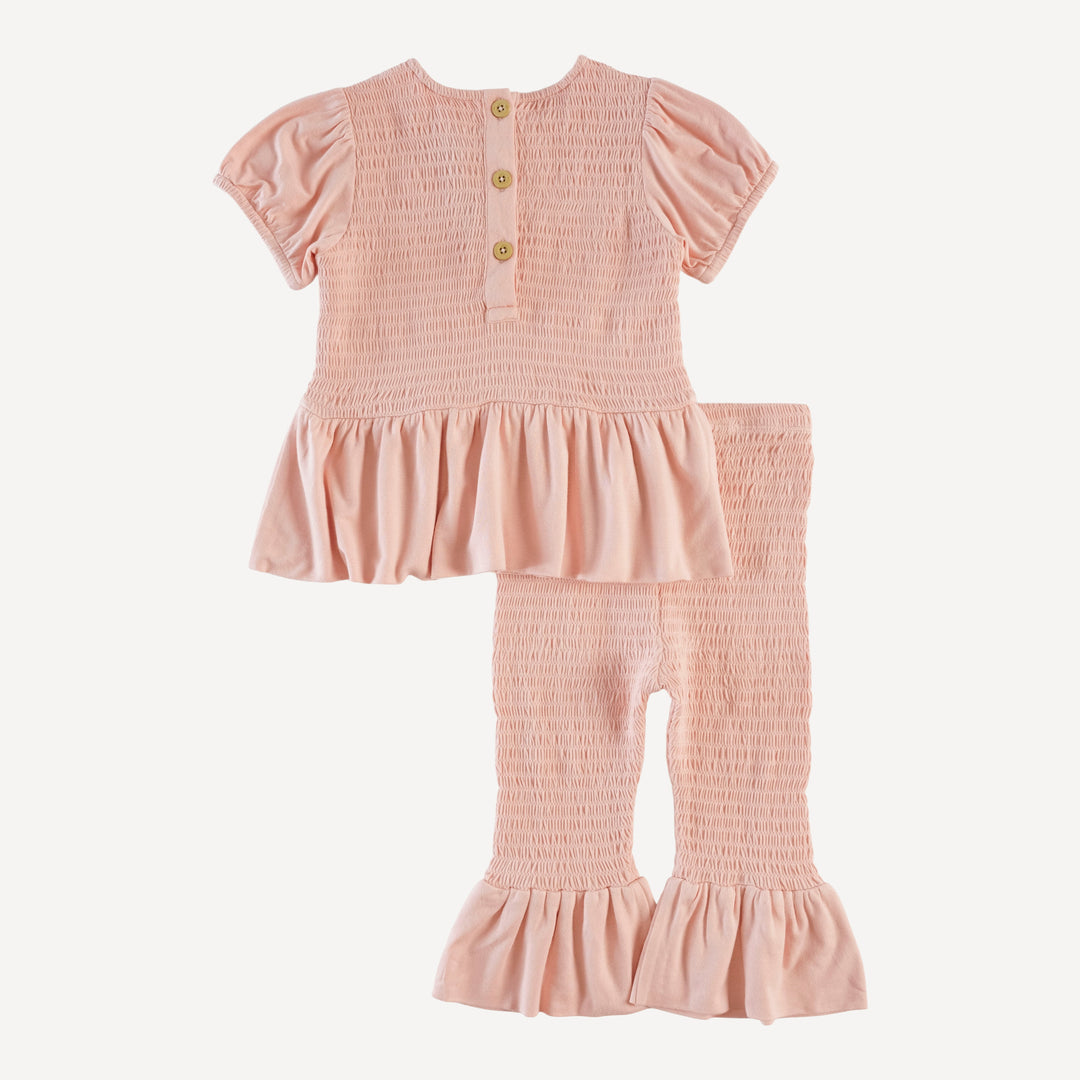 short sleeve smocked ruffle top and pant set | villa pink | modal