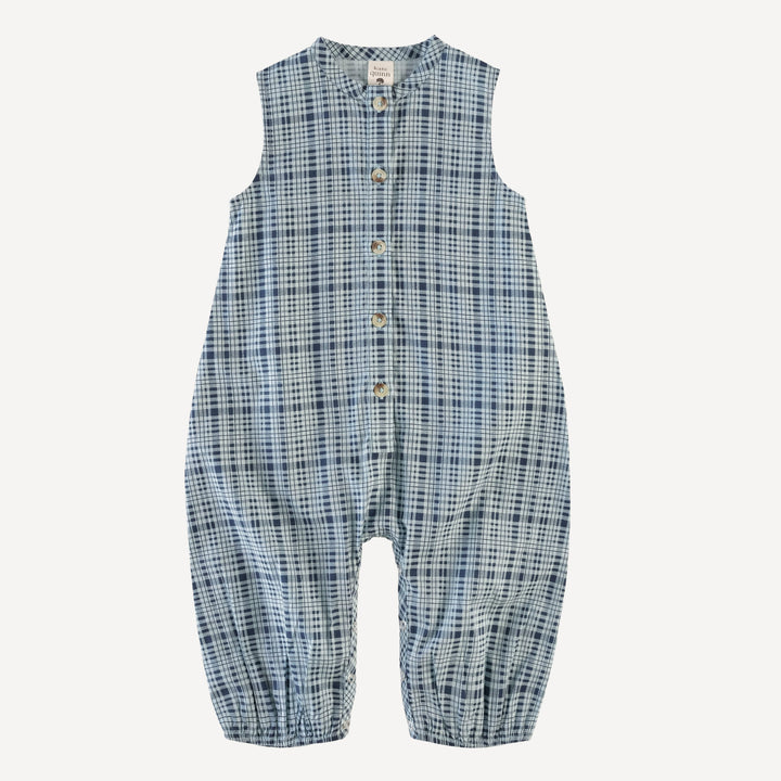 sleeveless button bubble jumpsuit | navy plaid | organic cotton woven