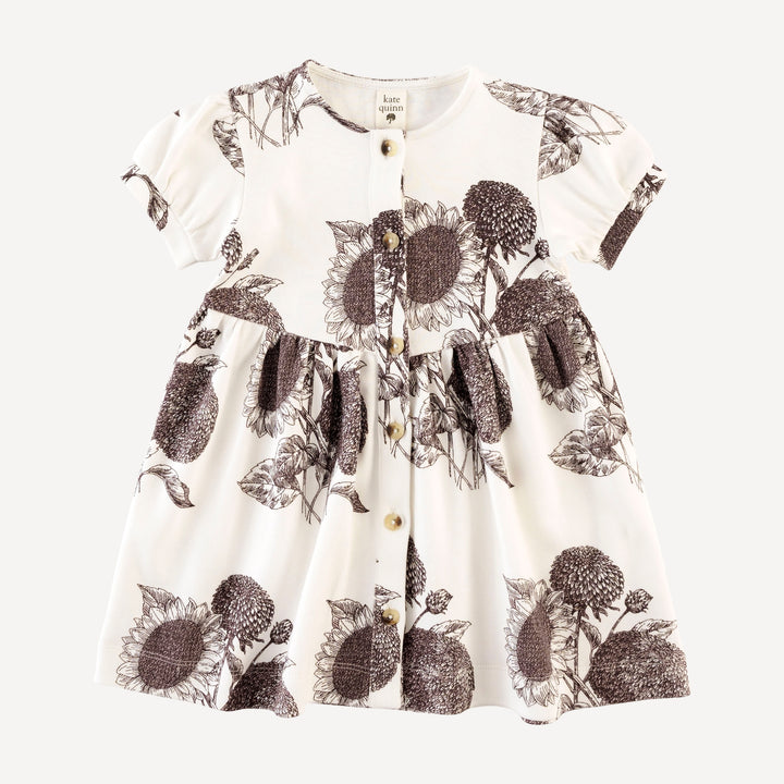 short sleeve button front v-waist dress | raisin sunflower | organic cotton interlock