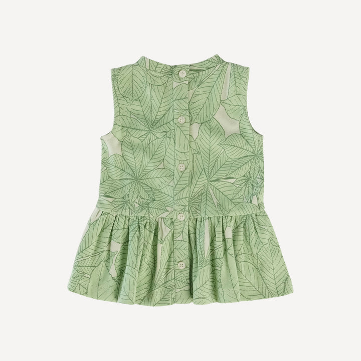 sleeveless drop waist gathered top | green foliage | organic cotton interlock
