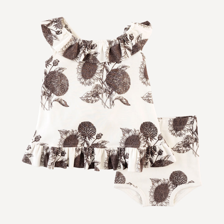 ruffle pinafore dress + bloomer set | raisin sunflower | organic cotton interlock