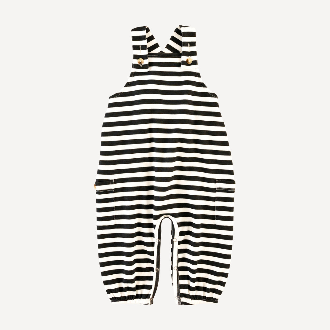 gathered bubble pocket overall | black & white stripes | organic cotton interlock