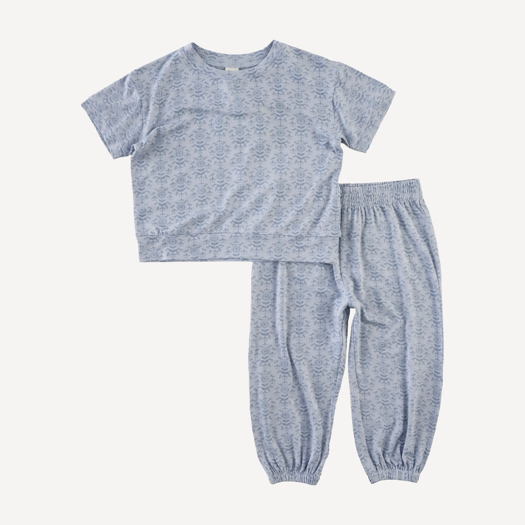 short sleeve relaxed jogger set | cornflower folk wallpaper | bamboo