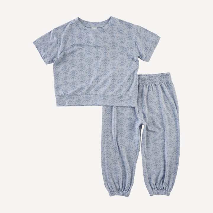 short sleeve relaxed jogger set | cornflower folk wallpaper | bamboo