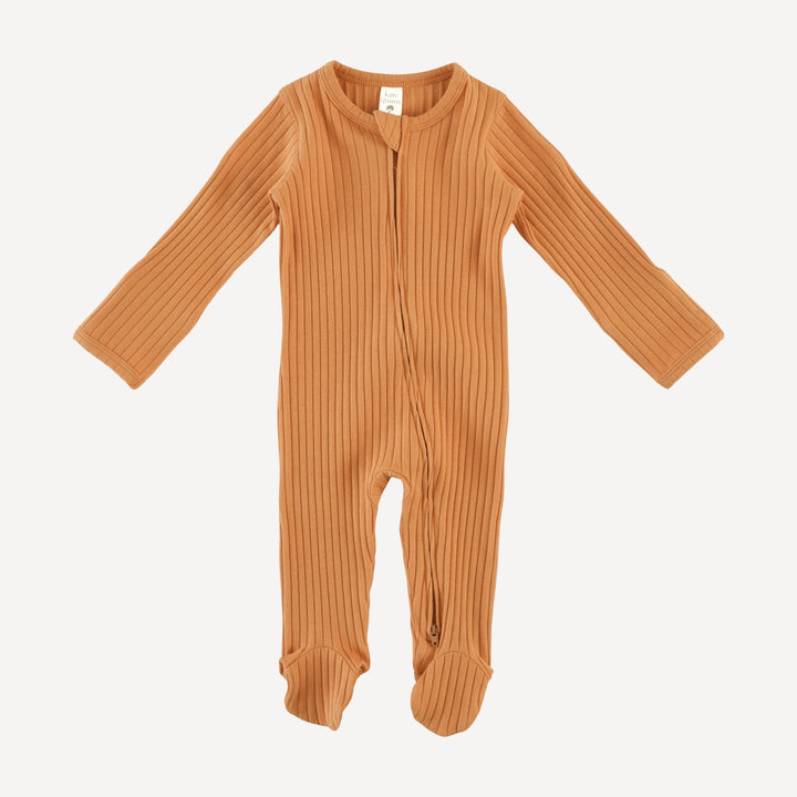 long sleeve two way zipper footie | caramel | organic cotton wide rib