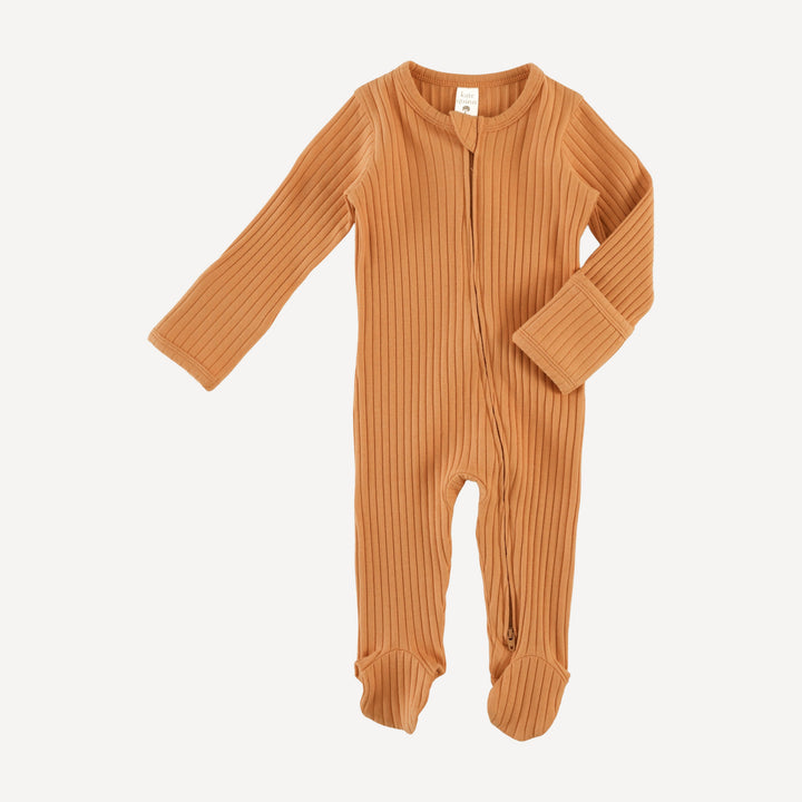 long sleeve two way zipper footie | caramel | organic cotton wide rib