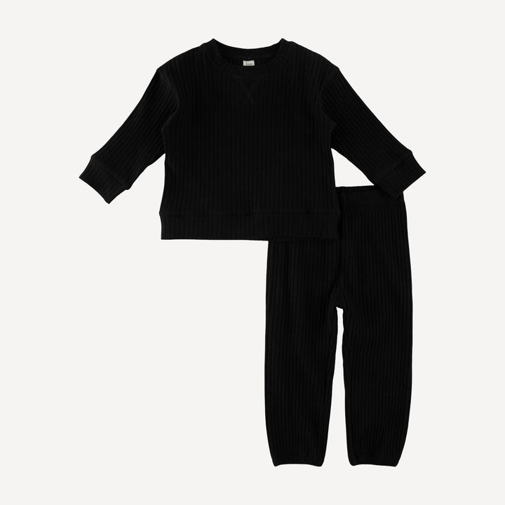 long sleeve boxy topstitch hoodie + relaxed jogger set | black | organic cotton wide rib