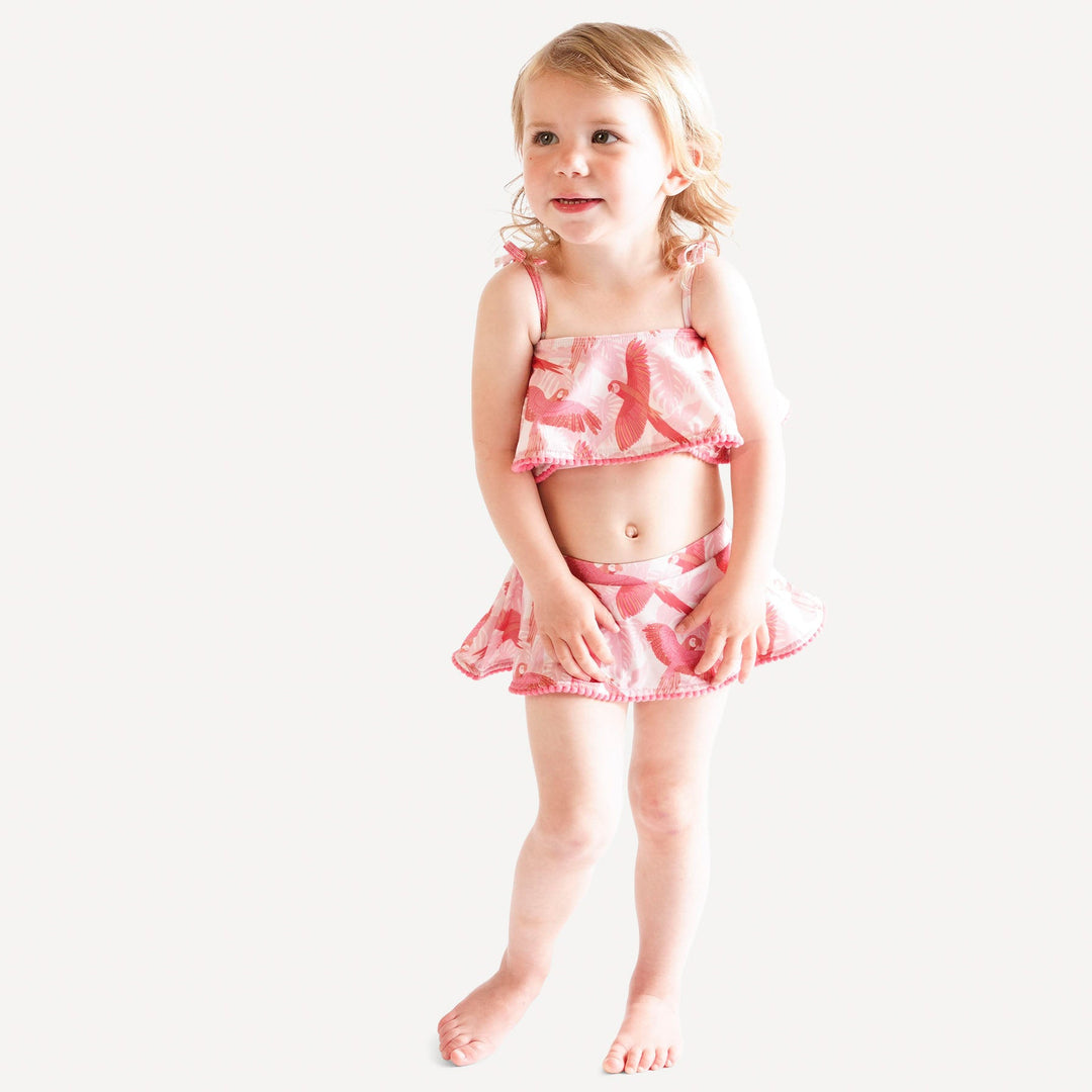 ruffle pom pom bikini swim set | tropical parrots | swim