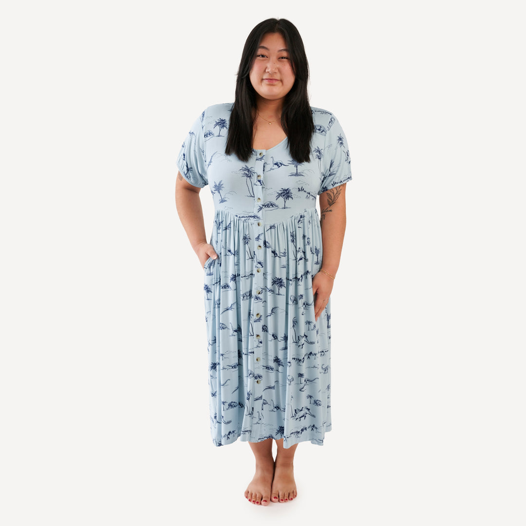 womens short sleeve button front v-waist dress | blue dino landscape | bamboo