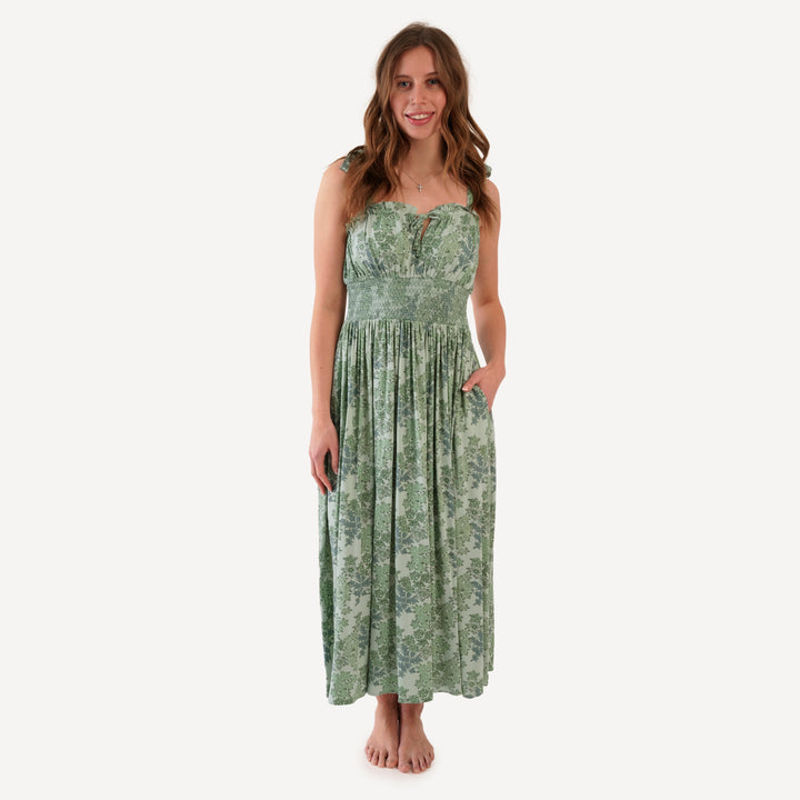 womens spaghetti tie winnie dress | jade wildflower | bamboo