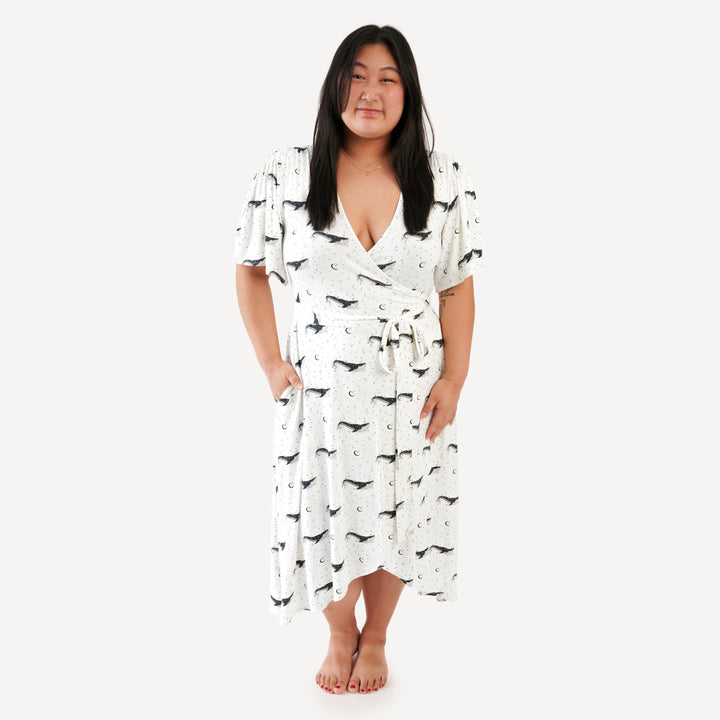 womens flutter sleeve wrap dress | mystical whales | bamboo