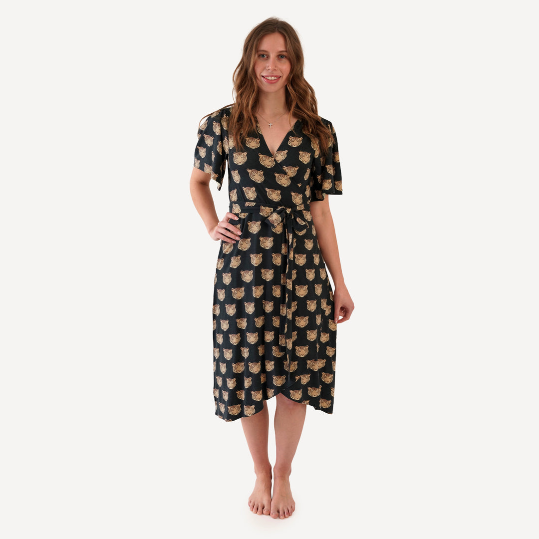 womens flutter sleeve wrap dress | OG tigers | bamboo