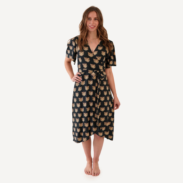 womens flutter sleeve wrap dress | OG tigers | bamboo