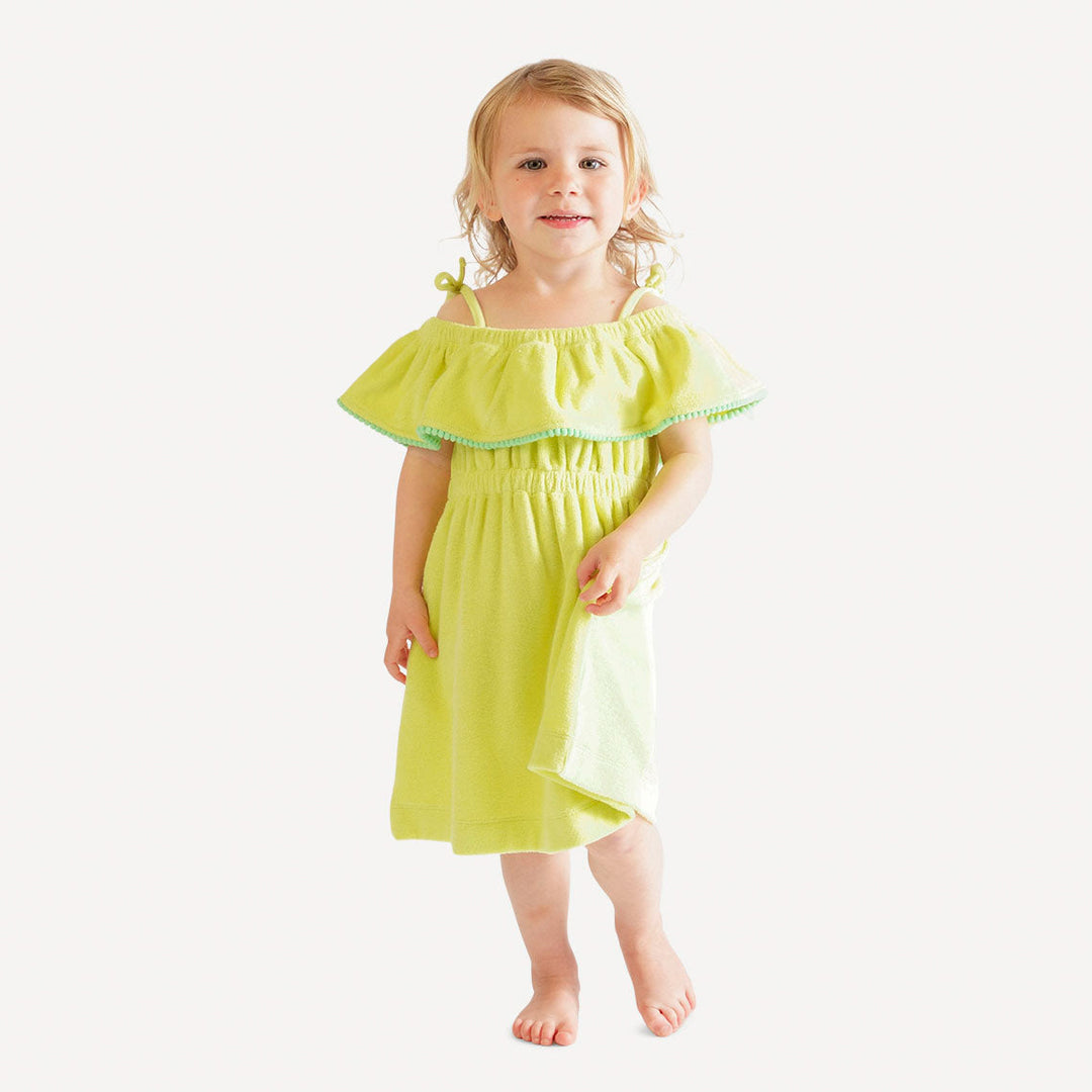 off shoulder ruffle dress | lime | organic cotton terry