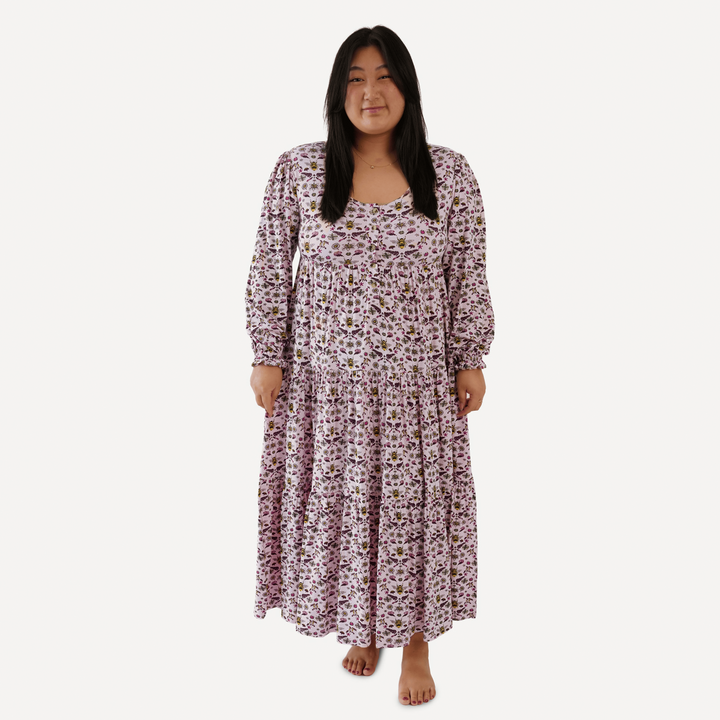 womens long sleeve prairie dress | rose litho bee | bamboo