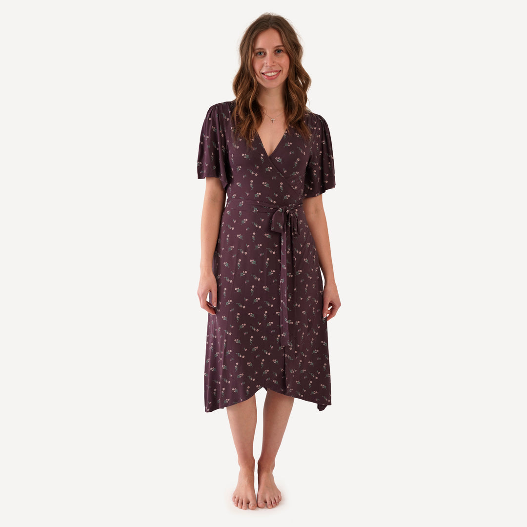 womens flutter sleeve wrap dress | huckleberry chamomile | bamboo